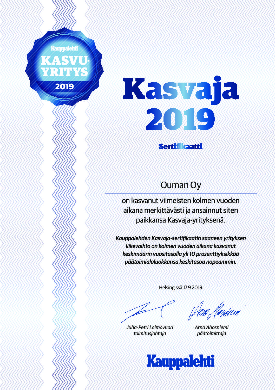 Kauppalehden Kasvaja-sertifikaatti 2019