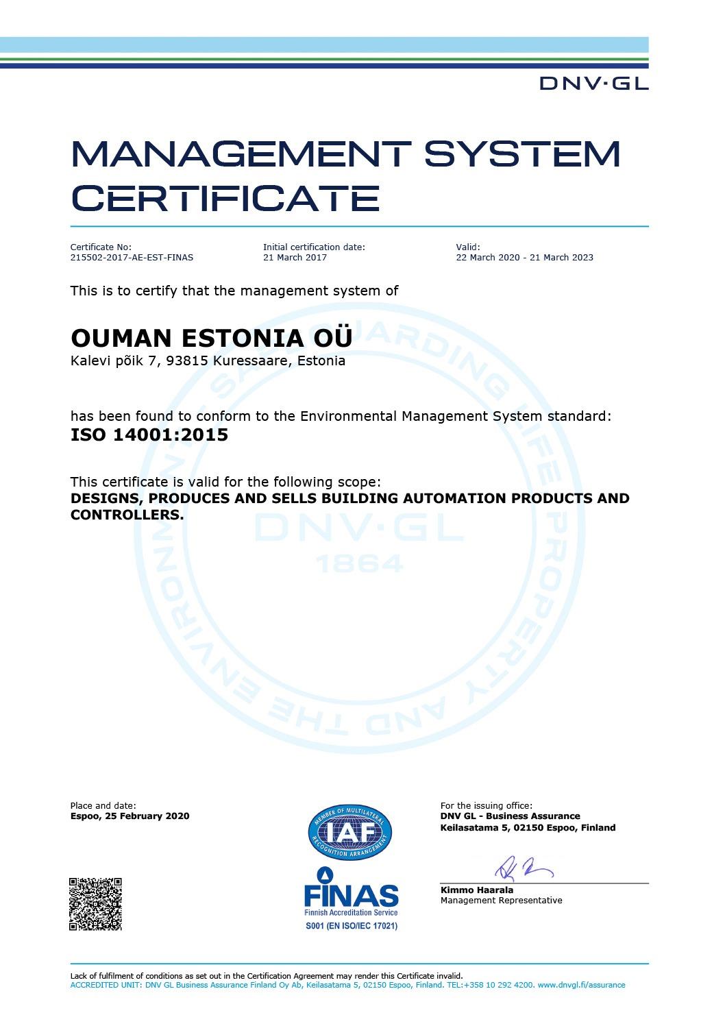 Ouman Estonia Oü ISO 14001:2015